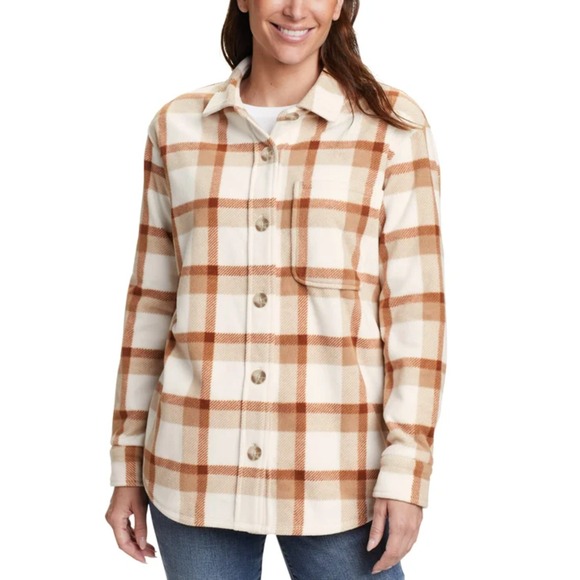 Eddie Bauer Tops - Eddie Bauer Microfleece Tan Plaid Button Down Shacket Fleece Outdoor Medium